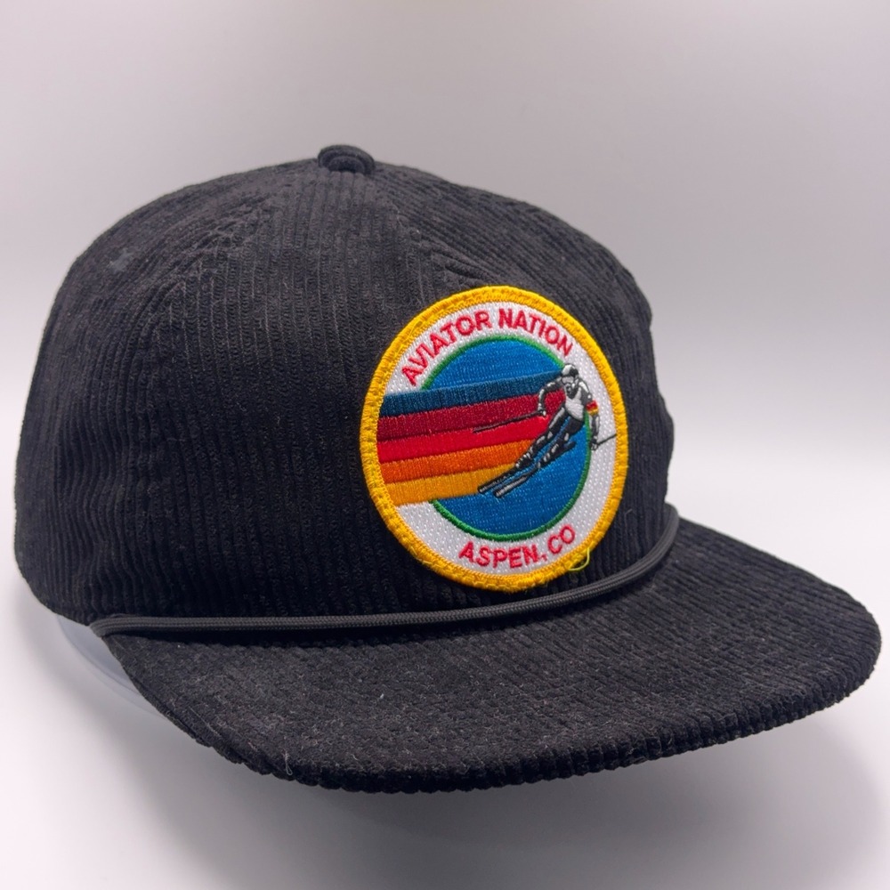 Aviator Nation Aspen Corduroy Hat Mens Snapback Ski Patch Black Retro